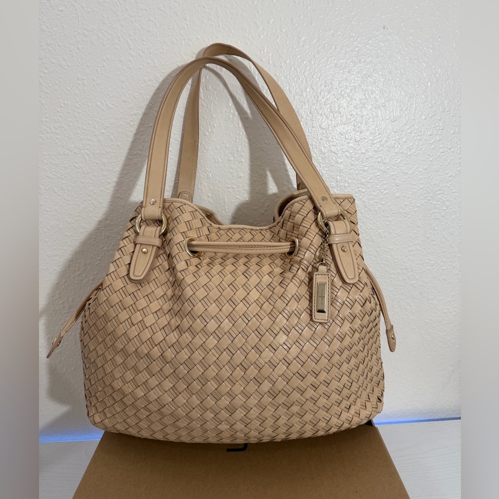 Cole Haan Tan Leather Shoulder Bag -Taylor Drawstring Woodbury Heritage Weave - Picture 4 of 16